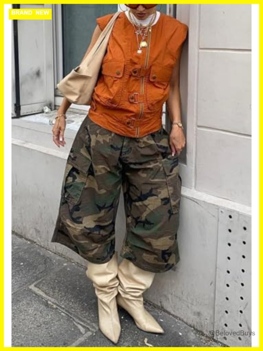 Wide Leg High Waist Cargo Crop Pants Capri Camo Denim - Picture 4 of 6
